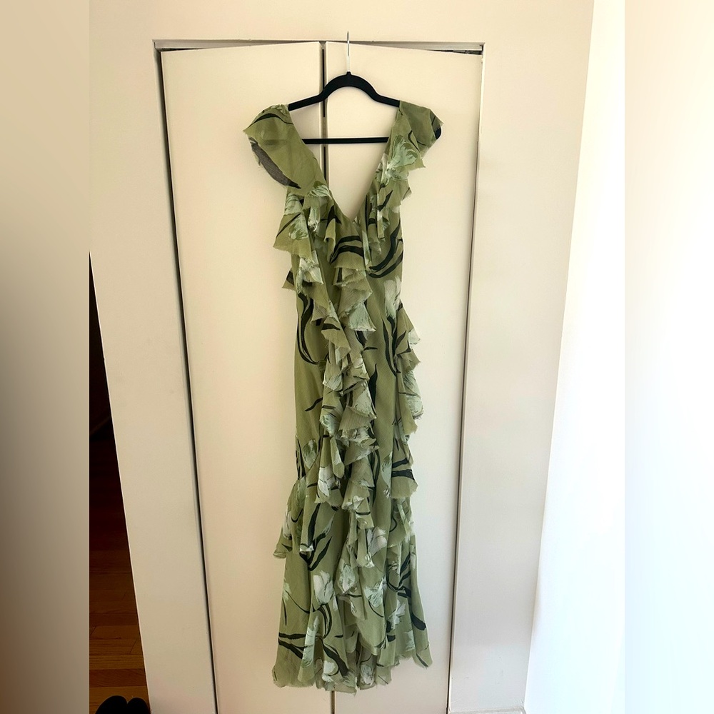 EUC ASOS DESIGN Ruffle Bias Maxi Dress w/ Open Back - Green Floral Print